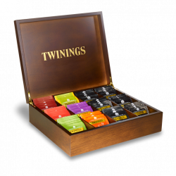 Twinings Dark Wooden 12 Compartment Large Wooden Tea Chest Caddy with 100 Twinings Individually Wrapped Tea Bags