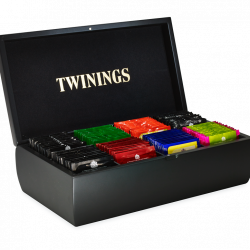 Twinings Black Wooden Tea Chest Box NEW DESIGN, 8 Compartment, Black Velvet inside, comes with 80 Twinings tea bags. Caddy