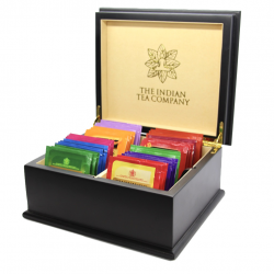 Indian Tea Company ITC 4 Compartment Black Wooden Tea Chest, Cream Velvet with 40 Twinings Tea Bags