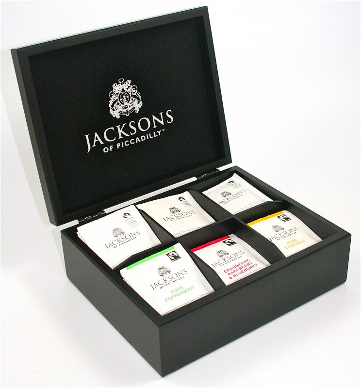 Jacksons of Piccadilly Premier Black Wooden Tea Chest 6 Compartment with 60 Jacksons tea bags, Box, Caddy