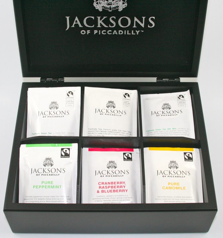 Jacksons of Piccadilly Premier Black Wooden Tea Chest 6 Compartment with 60 Jacksons tea bags, Box, Caddy