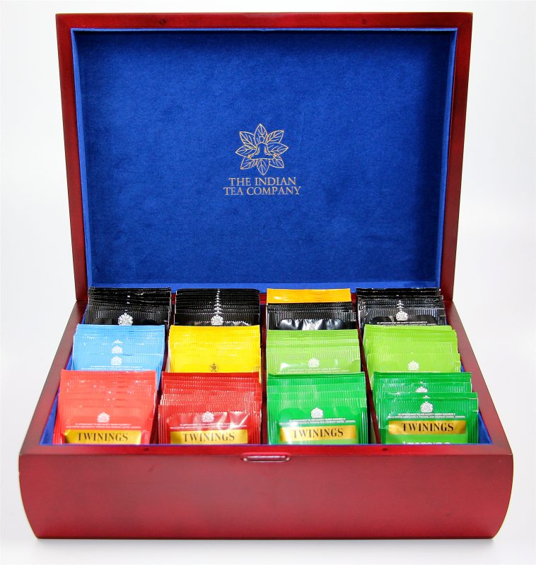 Indianteacompany ITC Mahogany Finish Tea Chest Box, 12 Compartment, Blue Velvet inside, comes with 100 Twinings teas. Caddy