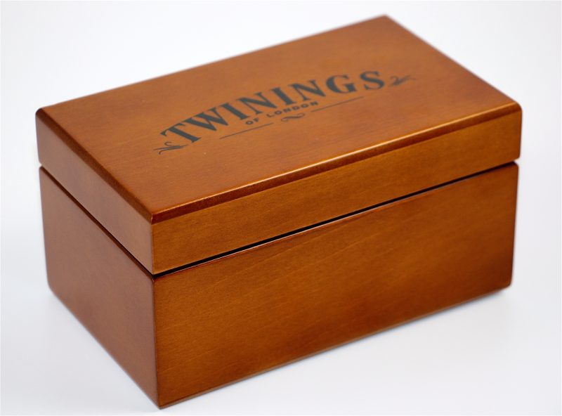 Twinings Tea Chest Box 2 Compartment, Oak Wood Finish, Red Velvet inside, comes with 24 Twinings tea bags. Caddy