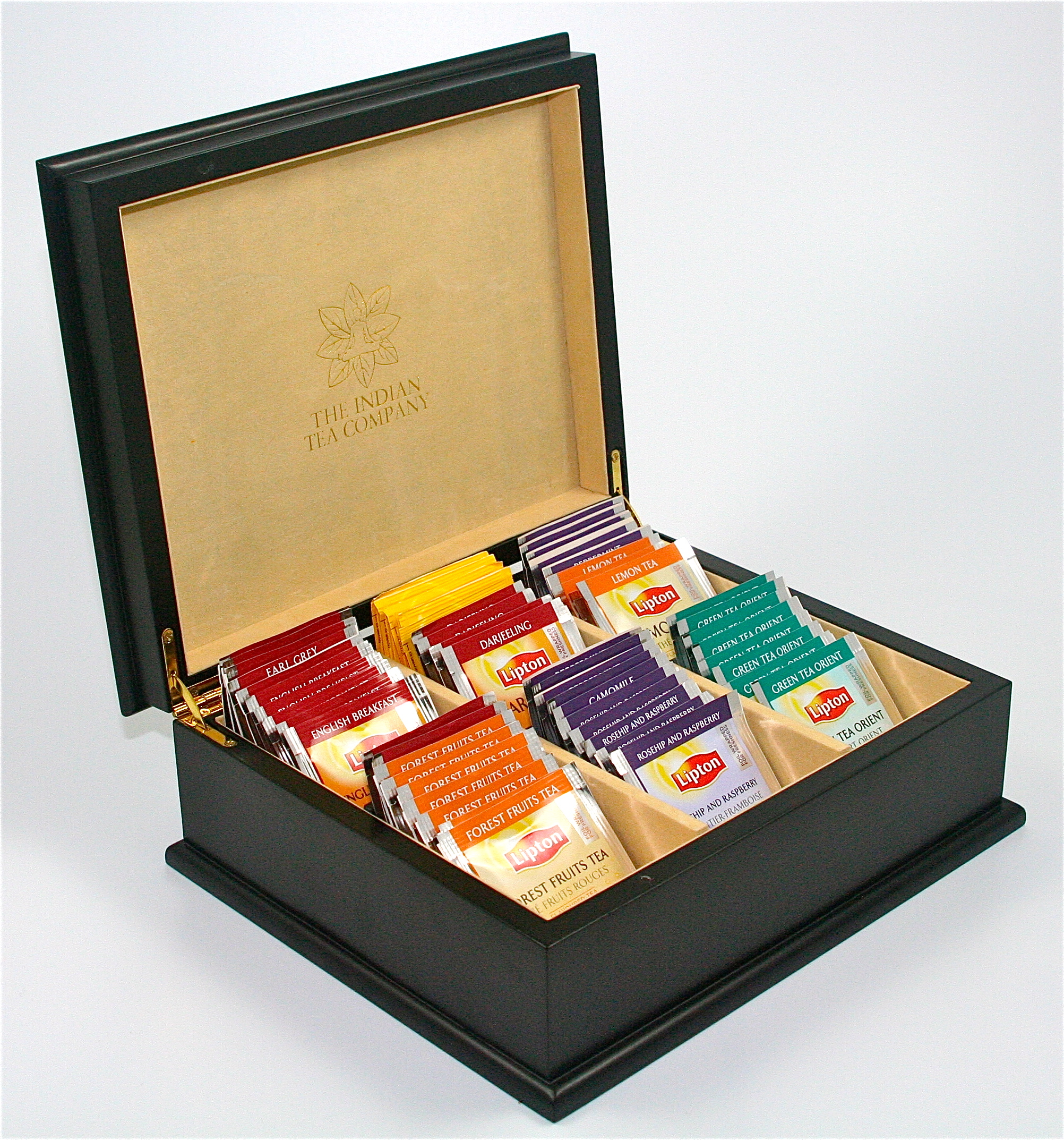 Indian Tea Company ITC 6 Compartment Black Wooden Tea Chest, Cream Velvet with 60 Lipton Tea Bags