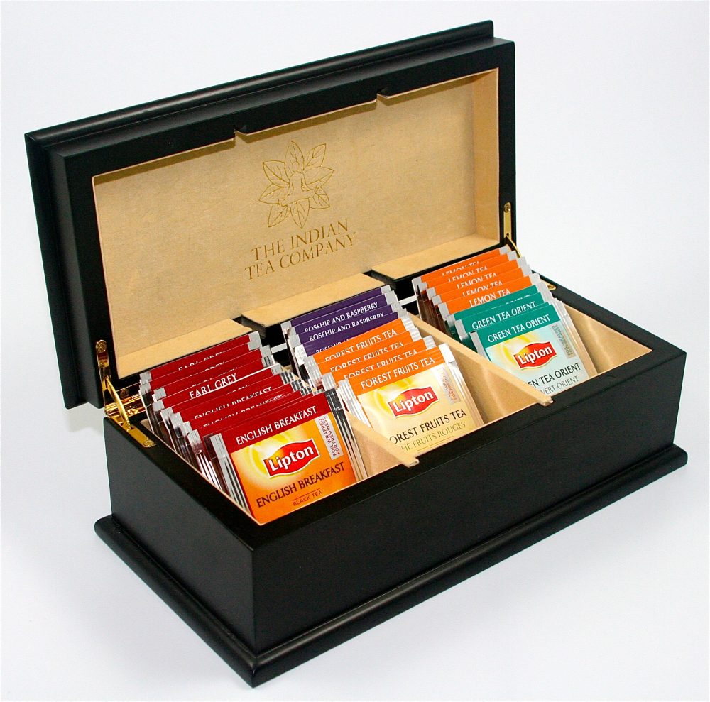Indian Tea Company ITC 3 Compartment Black Wooden Tea Chest with 30 Lipton Tea Bags