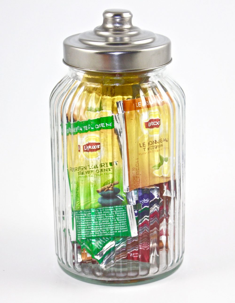 Lipton Medium Designer Ribbed Glass Jar Filled with 45 Lipton tea bags, Caddy