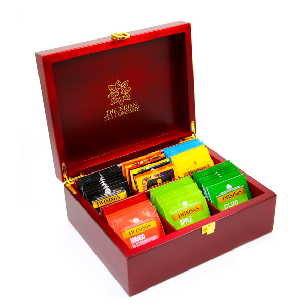 Indianteacompany ITC Mahogany Finish 6 Compartment Wooden Tea Chest with 60 Twinings Tea Bags
