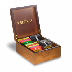 Twinings Tea Chest Box 4 Compartment, Dark Wood Finish, comes with 40 Twinings tea bags. Caddy