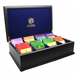 Indian Tea Company Luxury 8 Compartment Black Wood Tea Chest Blue Velvet with 80 Twinings Tea Bags
