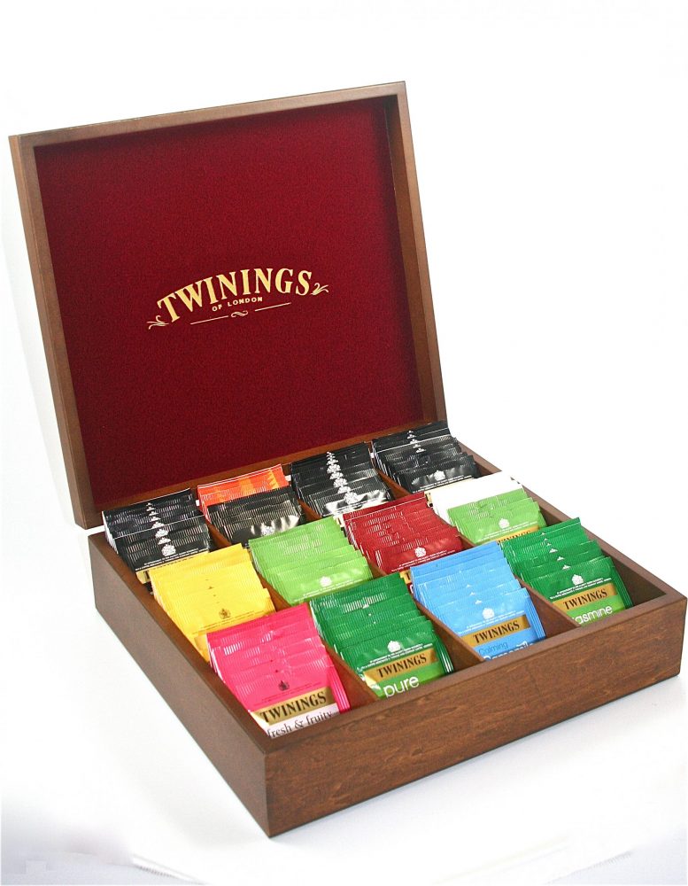 Twinings Oak Wooden Tea Chest Box, 12 Compartment, Red Velvet inside, comes with 100 Twinings teas. Caddy