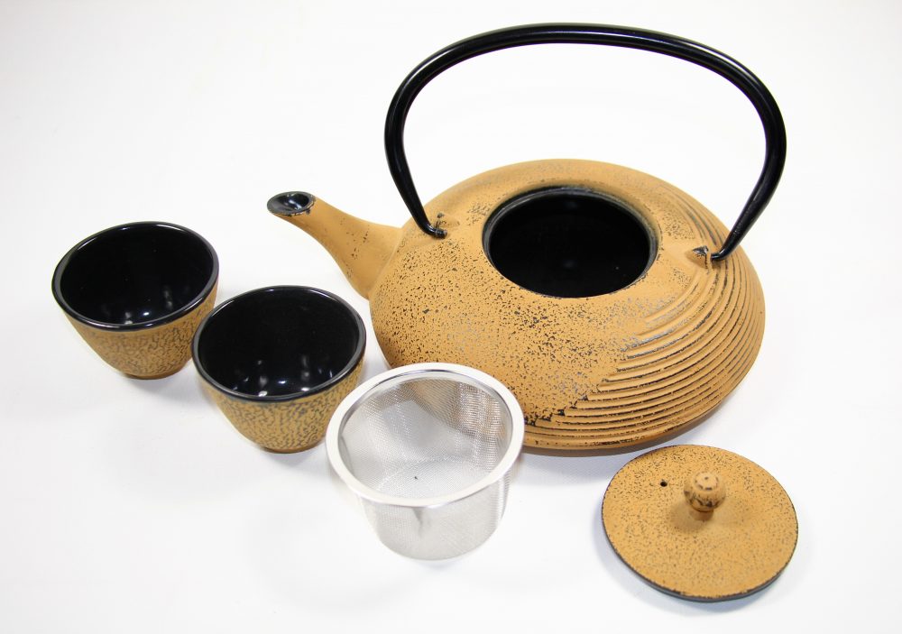 Chinese Cast Iron Designer Hand Made Yellow Tea Pot(1000ml) & Steel Infuser with Two Matching Cups(100ml), Handmade