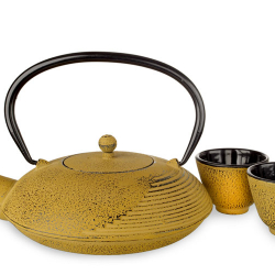 Chinese Cast Iron Designer Large Hand Made Yellow Tea Pot(1000ml) & Steel Infuser with Two Matching Cups(100ml), Gift