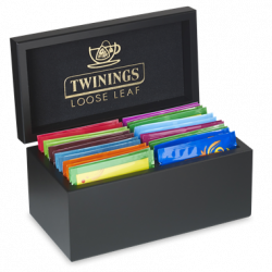 Twinings Wooden Black Tea Chest Box, 2 Compartment, comes with 20 Twinings Pyramid Loose Leaf tea bags. Caddy