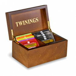 Twinings Tea Chest Box 2 Compartment, Dark Wood Finish, comes with 24 Twinings tea bags. Caddy