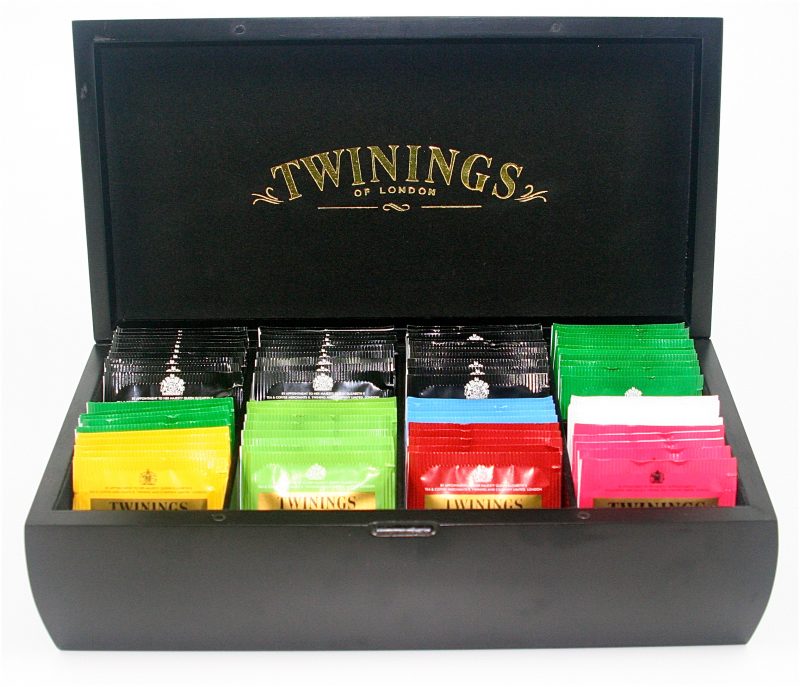 Twinings Black Wooden Tea Chest Box, 8 Compartment, Black Velvet inside, comes with 80 Twinings tea bags. Caddy