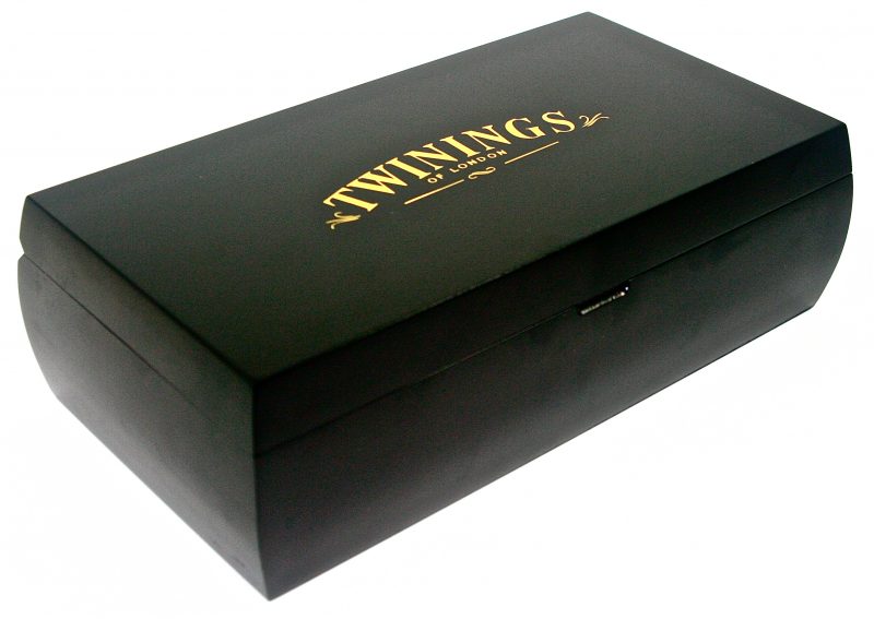 Twinings Black Wooden Tea Chest Box, 8 Compartment, Black Velvet inside, comes with 80 Twinings tea bags. Caddy